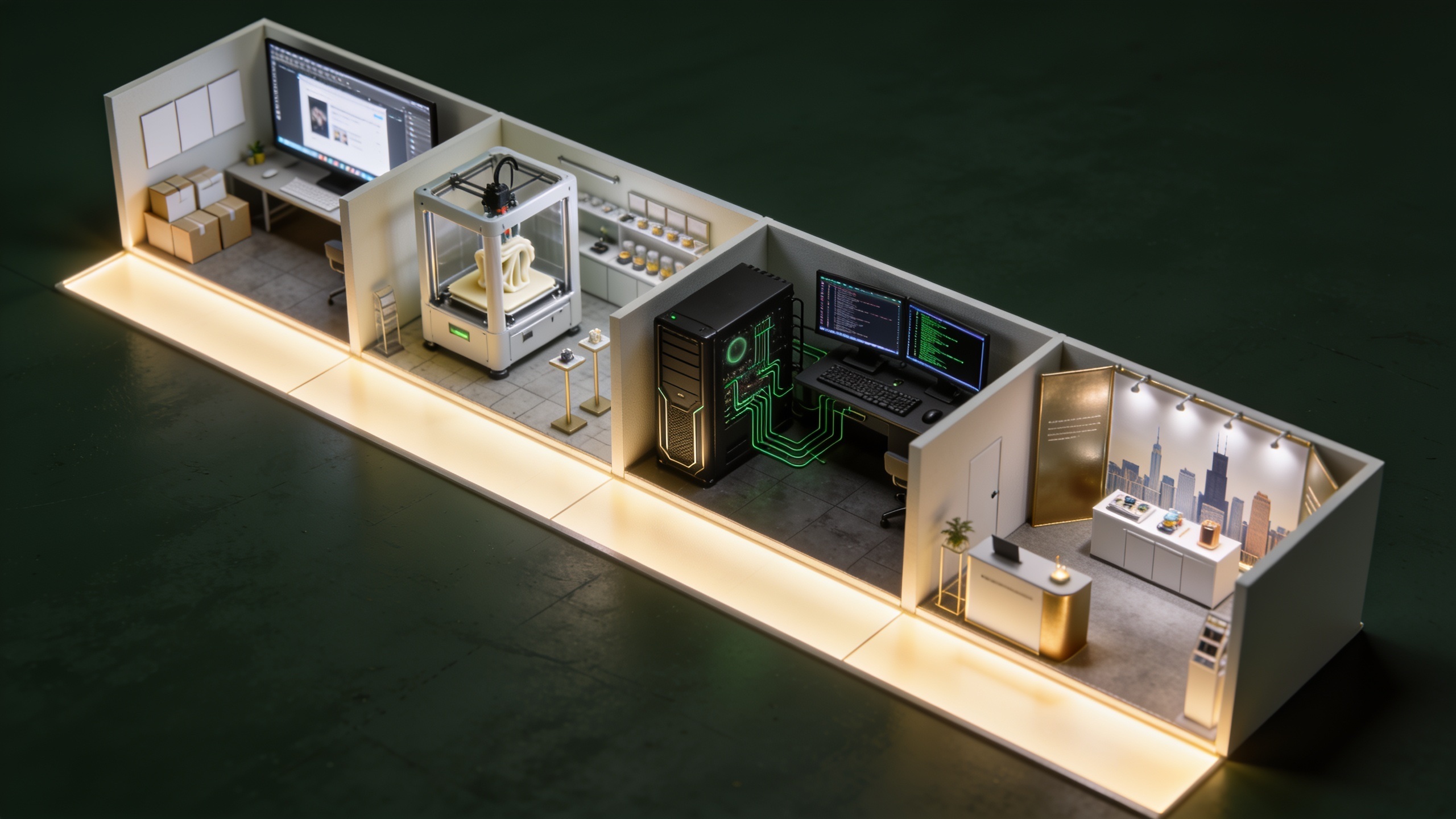 Four connected spaces: brand studio, fabrication, computing, and Chicago events